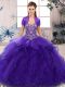Glittering Purple Ball Gowns Tulle Off The Shoulder Sleeveless Beading and Ruffles Floor Length Lace Up 15 Quinceanera Dress