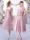 Extravagant Pink Sleeveless Tea Length Belt Lace Up Wedding Guest Dresses