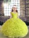 Yellow Green Fabric With Rolling Flowers Lace Up Little Girls Pageant Dress Sleeveless Floor Length Beading and Ruffles