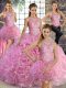 Scoop Sleeveless Lace Up Ball Gown Prom Dress Rose Pink Fabric With Rolling Flowers