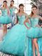 Dazzling Sleeveless Tulle Floor Length Lace Up Sweet 16 Dresses in Aqua Blue with Beading and Ruffles