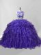 Fabulous Beading and Ruffles Sweet 16 Dress Purple Zipper Sleeveless Brush Train