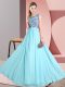 Best Aqua Blue Backless Bridesmaid Gown Beading and Appliques Sleeveless Floor Length