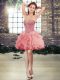 Noble Watermelon Red Sleeveless Beading and Ruffles Mini Length Prom Evening Gown