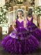 Modern Eggplant Purple Kids Pageant Dress For with Beading and Appliques and Ruffles and Ruching V-neck Sleeveless Backless