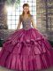 Sleeveless Taffeta Floor Length Lace Up Quinceanera Dress in Fuchsia with Beading and Ruffled Layers