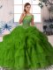 Organza Scoop Sleeveless Brush Train Zipper Beading and Pick Ups 15th Birthday Dress in Green