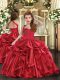 New Style Straps Sleeveless Pageant Gowns For Girls Floor Length Ruffles Red Organza