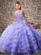 High End Sleeveless Organza Court Train Lace Up Sweet 16 Dresses in Lavender with Beading and Ruffled Layers