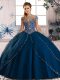Super Tulle Sweetheart Cap Sleeves Brush Train Lace Up Beading 15th Birthday Dress in Blue