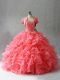 Floor Length Lace Up Sweet 16 Dresses Watermelon Red for Sweet 16 and Quinceanera with Beading