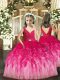 Gorgeous Floor Length Backless Little Girls Pageant Dress Hot Pink for Party and Sweet 16 and Wedding Party with Beading and Ruffles