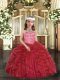 Red Girls Pageant Dresses Party and Sweet 16 and Wedding Party with Beading and Ruffles Halter Top Sleeveless Lace Up