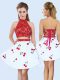 Eye-catching Sleeveless Mini Length Lace and Pattern Lace Up Dama Dress for Quinceanera with White And Red