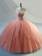 Peach Ball Gowns Tulle V-neck Sleeveless Beading Floor Length Lace Up Ball Gown Prom Dress
