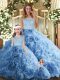 Baby Blue Ball Gowns Lace 15th Birthday Dress Zipper Fabric With Rolling Flowers Sleeveless Floor Length