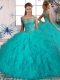 Traditional Aqua Blue Sleeveless Beading and Ruffles Lace Up Quince Ball Gowns