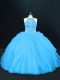 Hot Selling Aqua Blue Halter Top Lace Up Beading Ball Gown Prom Dress Sleeveless