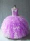 Designer Lilac Lace Up Scoop Beading and Ruffles Sweet 16 Dresses Organza Sleeveless