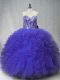 Glittering Purple Ball Gowns Tulle Sweetheart Sleeveless Beading and Ruffles Floor Length Lace Up Sweet 16 Dresses