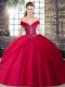 Amazing Off The Shoulder Sleeveless Ball Gown Prom Dress Brush Train Beading and Pick Ups Red Tulle