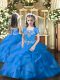 Hot Sale Floor Length Lace Up Pageant Dress for Girls Blue for Military Ball and Wedding Party with Beading and Ruffles