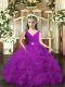 Hot Selling Purple Fabric With Rolling Flowers Backless V-neck Sleeveless Floor Length Little Girls Pageant Gowns Beading and Ruching