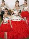 Floor Length Lace Up Sweet 16 Dresses White And Red for Military Ball and Sweet 16 and Quinceanera with Embroidery and Ruffles