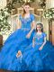 Blue Ball Gowns Beading and Ruffles Sweet 16 Dresses Lace Up Tulle Sleeveless Floor Length