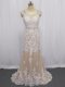 Cap Sleeves Lace Brush Train Backless Prom Party Dress in Champagne with Beading and Appliques