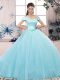 Short Sleeves Floor Length Lace and Hand Made Flower Lace Up Quinceanera Dresses with Aqua Blue
