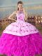Superior Halter Top Sleeveless Court Train Lace Up 15 Quinceanera Dress Fuchsia Organza