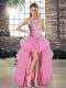 Fantastic Rose Pink A-line Beading Pageant Dress for Girls Lace Up Tulle Sleeveless High Low
