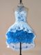 Blue Halter Top Lace Up Embroidery and Ruffles Dress for Prom Sleeveless