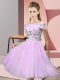 Empire Bridesmaid Gown Lilac Off The Shoulder Tulle Short Sleeves Knee Length Lace Up