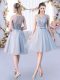 Knee Length Grey Wedding Guest Dresses Tulle Sleeveless Lace and Belt