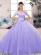 Inexpensive Lavender Tulle Lace Up Quinceanera Gown Short Sleeves Floor Length Lace and Hand Made Flower