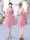Mini Length Pink Quinceanera Court Dresses Tulle Sleeveless Appliques and Belt