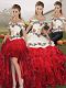 Sleeveless Organza Floor Length Lace Up Sweet 16 Dresses in White And Red with Embroidery and Ruffles