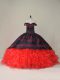New Arrival Brush Train Ball Gowns Quinceanera Gown Red And Black Off The Shoulder Satin and Organza Sleeveless Lace Up