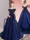 Superior Navy Blue Satin Lace Up Off The Shoulder Sleeveless 15 Quinceanera Dress Lace