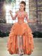 Designer High Low Orange Prom Dress Tulle Sleeveless Beading and Ruffles