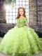 Beautiful Yellow Green Ball Gowns Organza Straps Sleeveless Beading and Ruffled Layers Lace Up Girls Pageant Dresses Brush Train