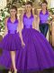 Glittering Purple Three Pieces Halter Top Sleeveless Sequined Floor Length Lace Up Ruching Quinceanera Gowns