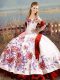 White And Red Sleeveless Floor Length Embroidery and Ruffles Lace Up Sweet 16 Quinceanera Dress