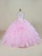 Beautiful Organza Scoop Sleeveless Brush Train Backless Beading and Ruffles Ball Gown Prom Dress in Pink