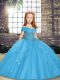 Blue Ball Gowns Beading Little Girls Pageant Dress Wholesale Lace Up Tulle Sleeveless Floor Length
