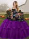 Customized Tulle Off The Shoulder Sleeveless Brush Train Lace Up Embroidery and Ruffled Layers Sweet 16 Dresses in Black And Purple