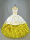 Satin and Organza Sleeveless Quinceanera Dress Brush Train and Beading and Embroidery and Ruffles