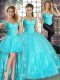 Cheap Aqua Blue Three Pieces Tulle Off The Shoulder Sleeveless Beading and Appliques Floor Length Lace Up Sweet 16 Quinceanera Dress